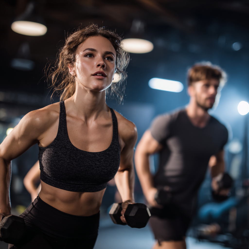 Group of enthusiastic Romanian adults of various ages exercising together in a modern fitness facility, showing determination and joy during strength training
